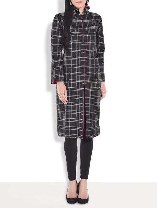 Black checkered pure raw silk sherwani style jacket - 9689604 - Very Small Image - 1