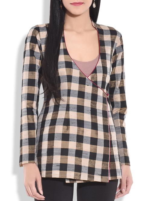 multicolored pure raw silk checkered short jacket - 9689605 - Very Small Image - 1