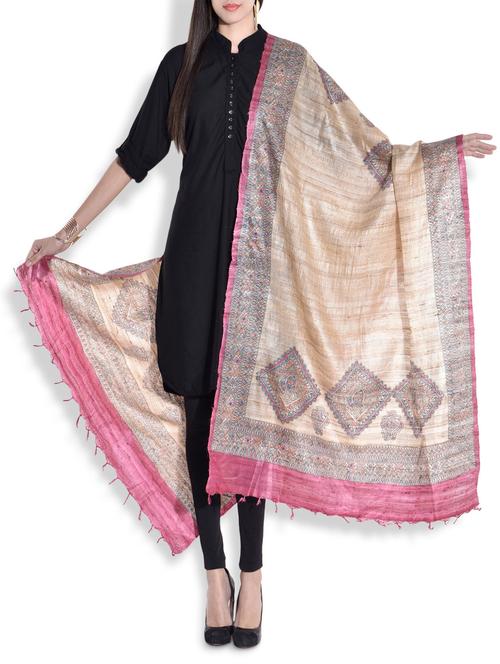 beige madhubani hand painted silk dupatta - 9690140 - Very Small Image - 1
