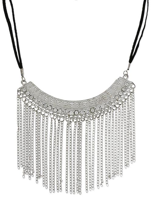 silver chain fringed embellished oxidized statement necklace - 9690530 - Very Small Image - 1