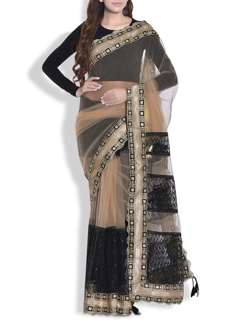 Black and gold Net Saree with Heavy Border - 9692120 - Very Small Image - 1