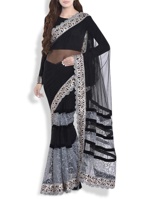 black and silver heavy worked net saree - 9692126 - Very Small Image - 1