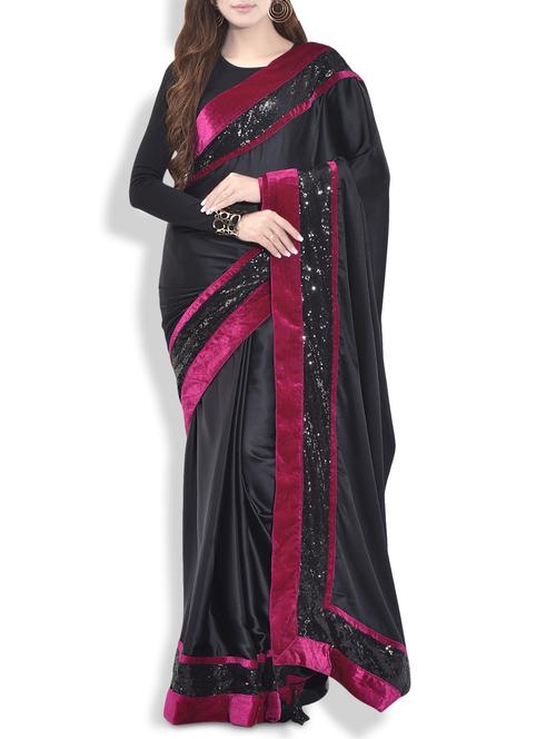 black satin saree with velvet and sequined border - 9692134 - Very Small Image - 1