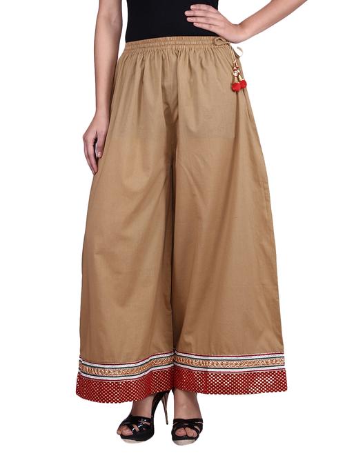 light brown cotton palazzos with embroidered hem - 9692450 - Very Small Image - 1