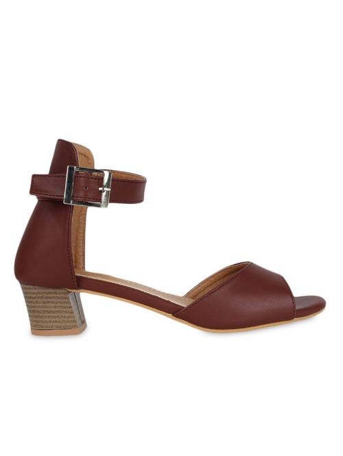 coffee brown buckled leatherette block heel sandals - 9696548 - Very Small Image - 1