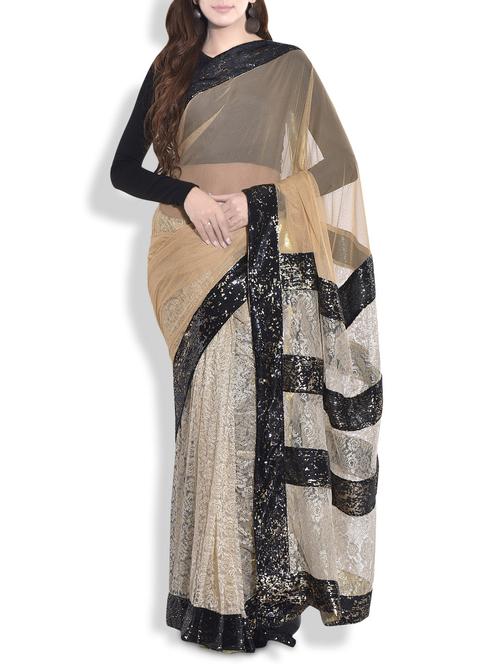 Gold and Beige Net Saree with Sequined Border - 9697310 - Very Small Image - 1