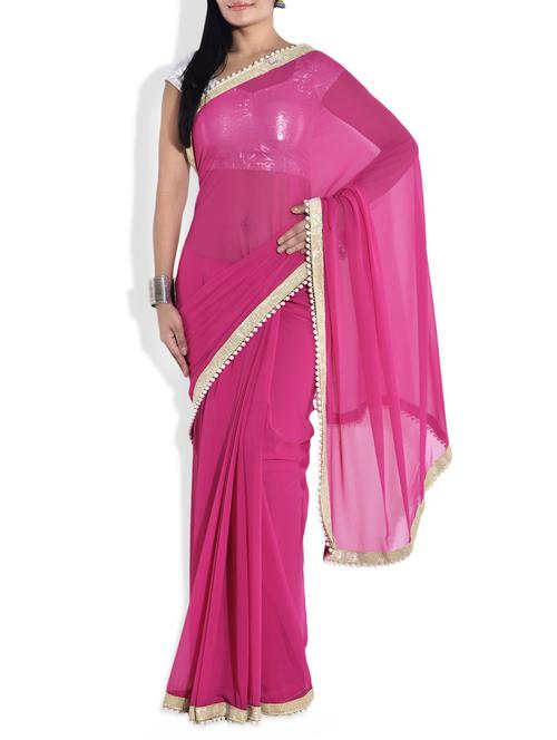 pink poly georgette saree with gold border - 9699275 - Very Small Image - 1