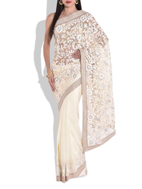 off-white net polygeorgette sari - 9700246 - Very Small Image - 1