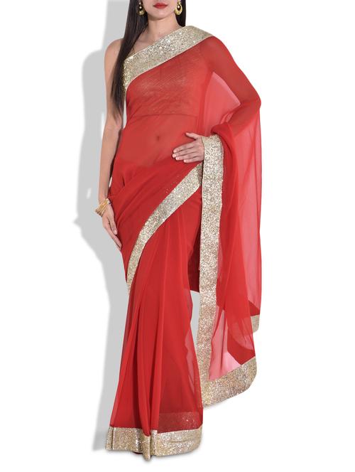 red polygeorgette sari - 9700253 - Very Small Image - 1
