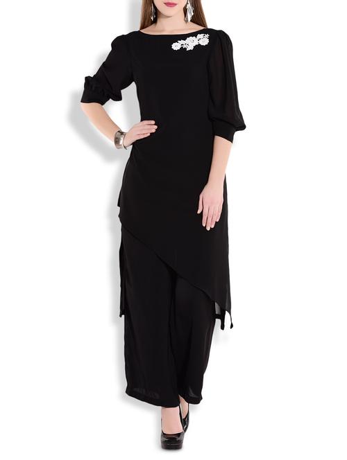 black asymmetrical kurti and palazzo set - 9701015 - Very Small Image - 1