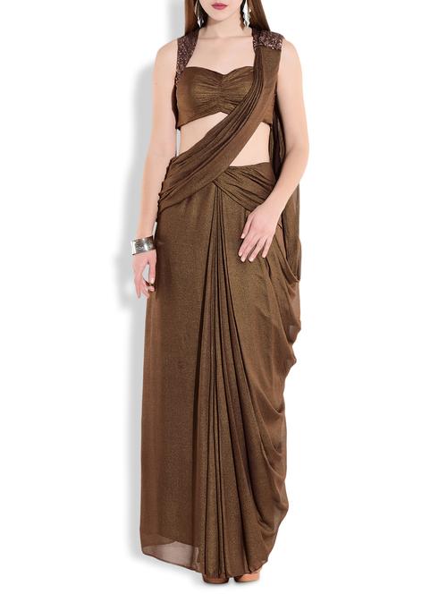 copper brown poly georgette saree - 9701022 - Very Small Image - 1
