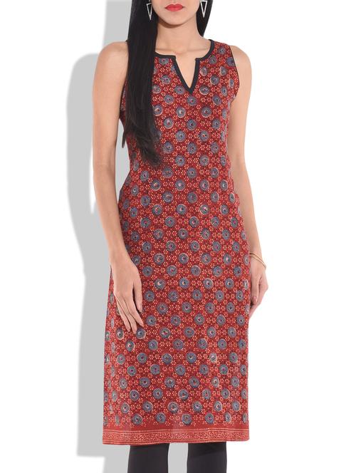 red ajrakh printed sleeveless cotton kurta - 9701499 - Very Small Image - 1