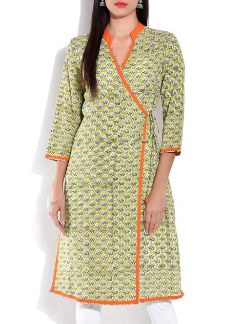green printed cotton angrakha kurta - 9701517 - Very Small Image - 1