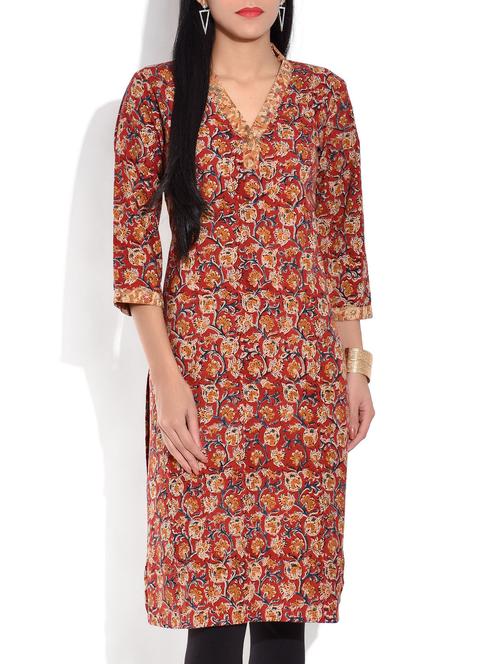 red kalamkari block printed cotton kurta - 9701524 - Very Small Image - 1