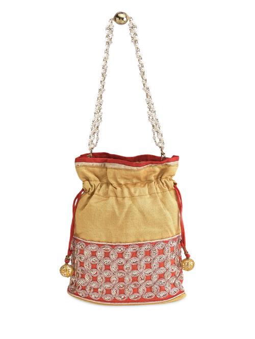 gold and red embroidered pearls beaded silk potli - 9703790 - Very Small Image - 1