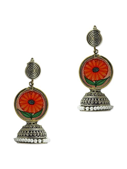 Antique silver hand painted jhumkas - 9705443 - Very Small Image - 1