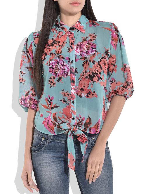 blue floral print front knot top - 9705520 - Very Small Image - 1