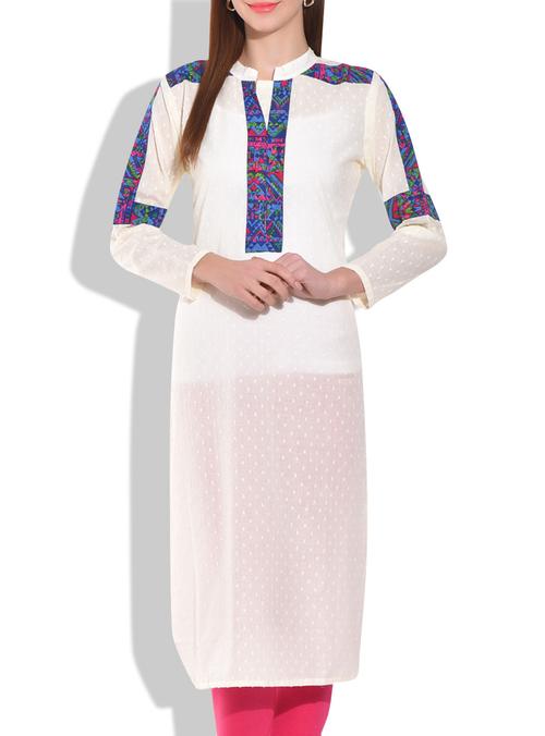 white printed cotton straight kurta - 9711421 - Very Small Image - 1