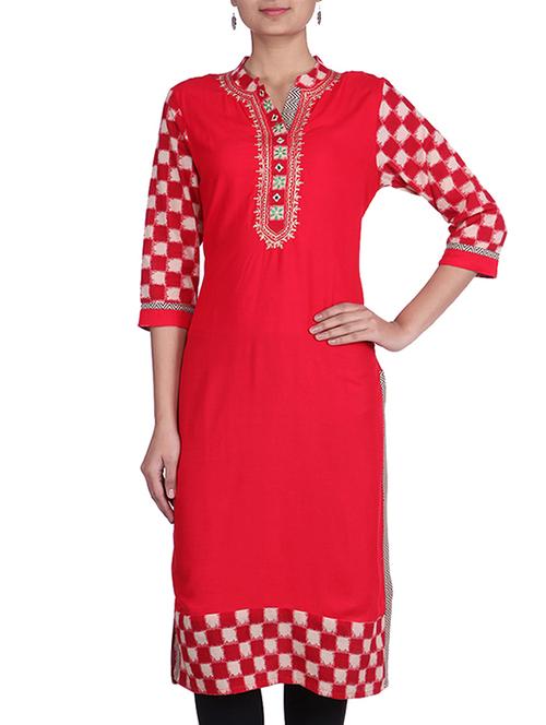 red rayon cotton embroidered kurta - 9720303 - Very Small Image - 1