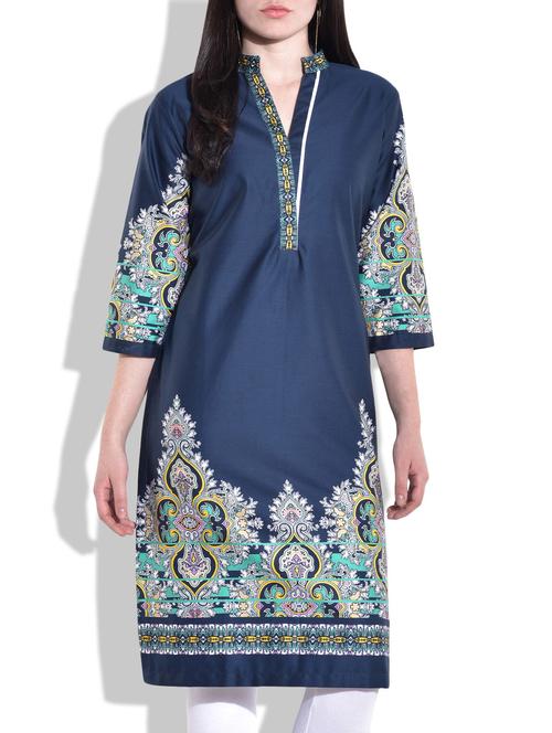 navy blue printed cotton kurti - 9725554 - Very Small Image - 1