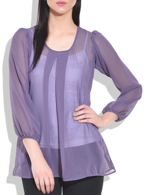 purple plain georgette net gathered sleeve top - 9728734 - Very Small Image - 1