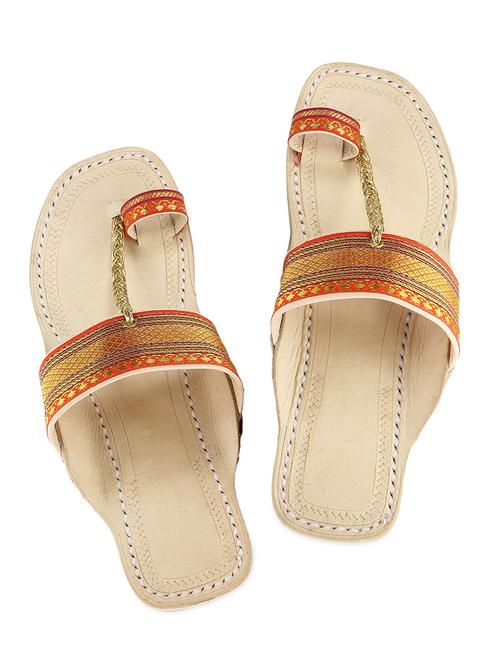 red and gold jacquard leather kolhapuri flats - 9729524 - Very Small Image - 1