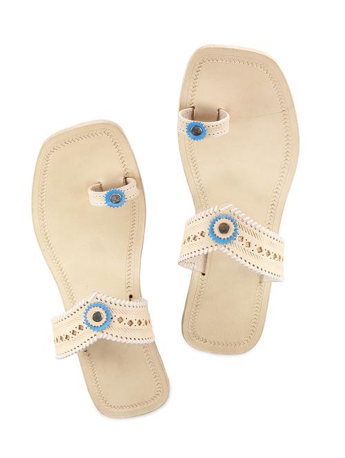 beige, blue embellished leather kolhapuri slides - 9729548 - Very Small Image - 1