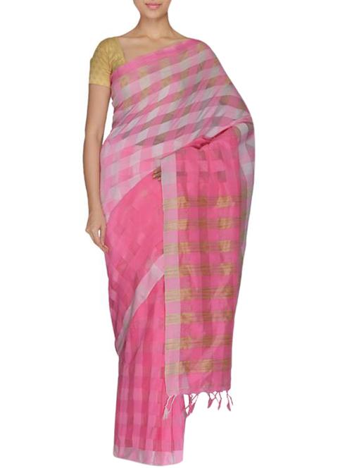 pink and white chequered saree - 9733473 - Very Small Image - 1