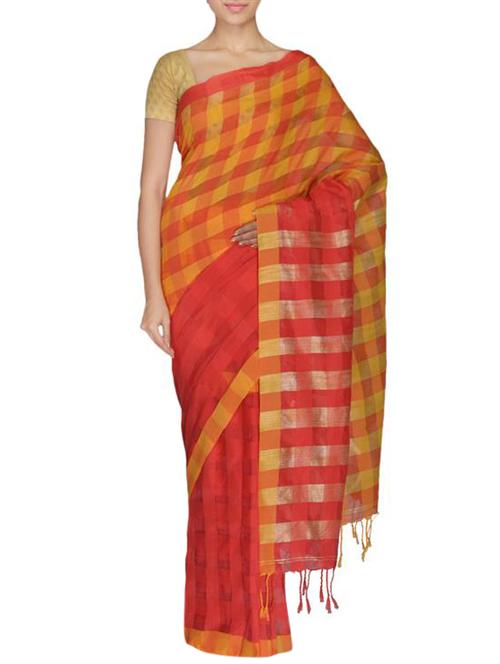 red and yellow chequered saree - 9733477 - Very Small Image - 1