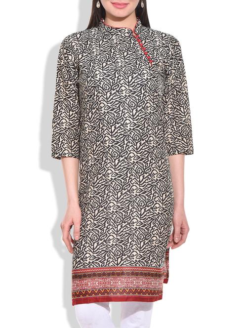 black, beige, red color cotton kurta - 9736063 - Very Small Image - 1