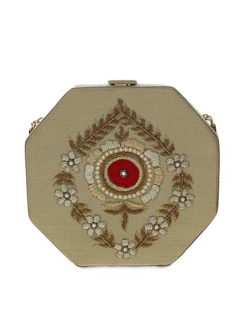 beige embroidered brocade hexagon clutch - 9742120 - Very Small Image - 1