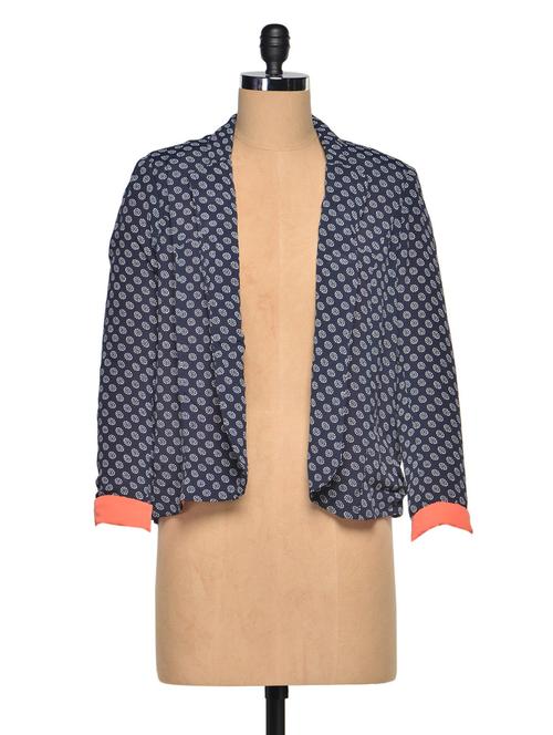 Navy Blue-White Booti Print Blazer - 974850 - Very Small Image - 1