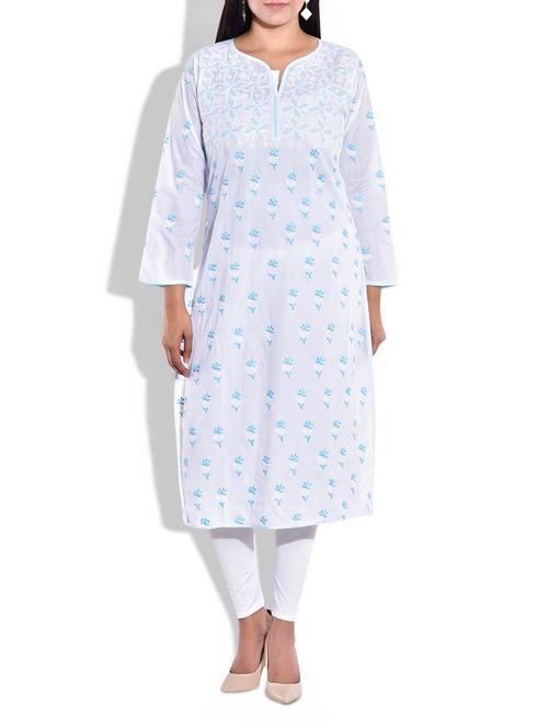 White and Blue Cotton kurta - 9760632 - Very Small Image - 1