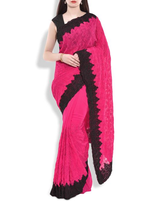 pink embroidered georgette saree with embellished patchwork border - 9763807 - Very Small Image - 1