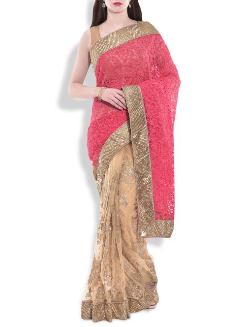 coral and beige embroidered net sequined saree - 9763811 - Very Small Image - 1