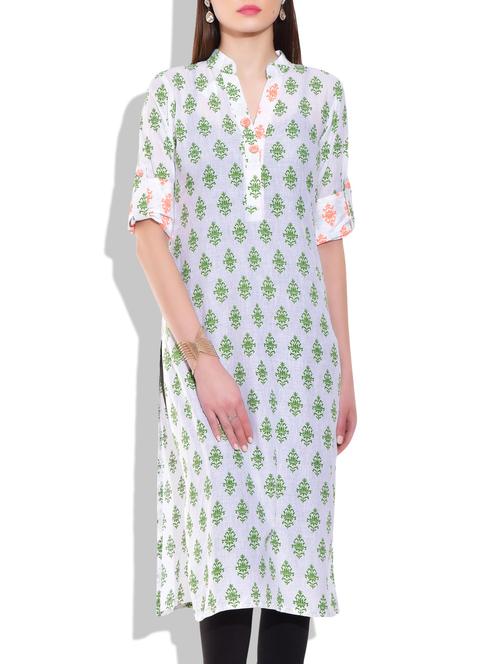 white cotton printed kurta - 9764012 - Very Small Image - 1
