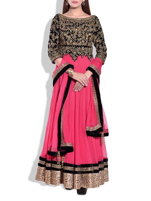 coral, black net, velvet suit - 9766916 - Very Small Image - 1