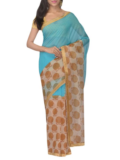 blue & beige supernet printed saree - 9771049 - Very Small Image - 1
