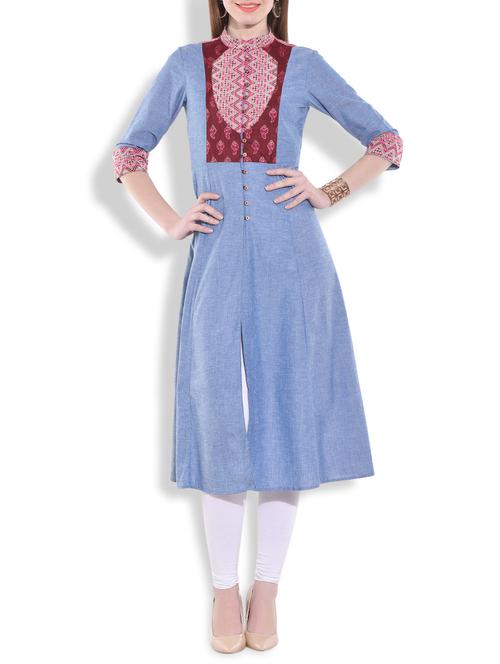 blue front-slit a-line cotton kurta - 9772883 - Very Small Image - 1