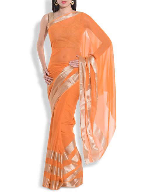 orange poly georgette plain saree - 9773557 - Very Small Image - 1