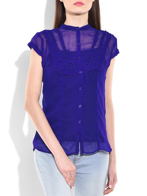 Blue Poly georgette pin tucked top - 9777650 - Very Small Image - 1