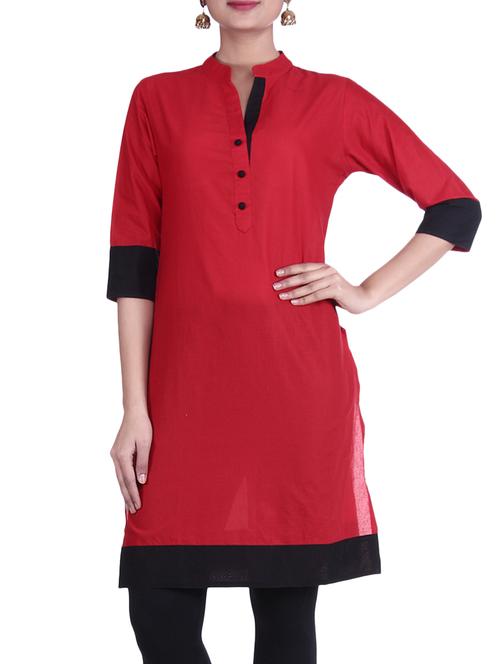 Red cotton plain A-line kurta - 9778010 - Very Small Image - 1