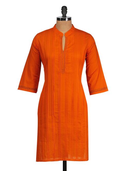 Orange Pin tuck Cotton Kurta - 977831 - Very Small Image - 1