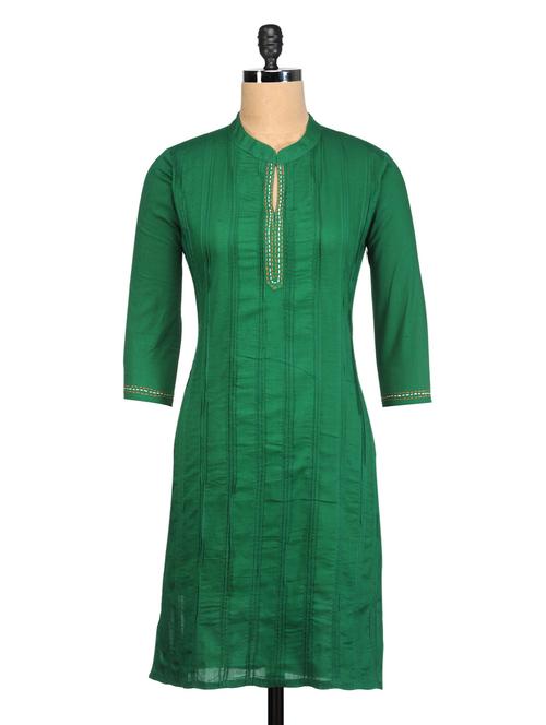 Green Pin tuck Cotton Kurta - 977833 - Very Small Image - 1