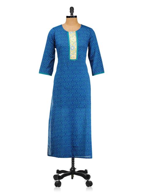 Printed Dark Blue Color Cotton Kurta - 977867 - Very Small Image - 1