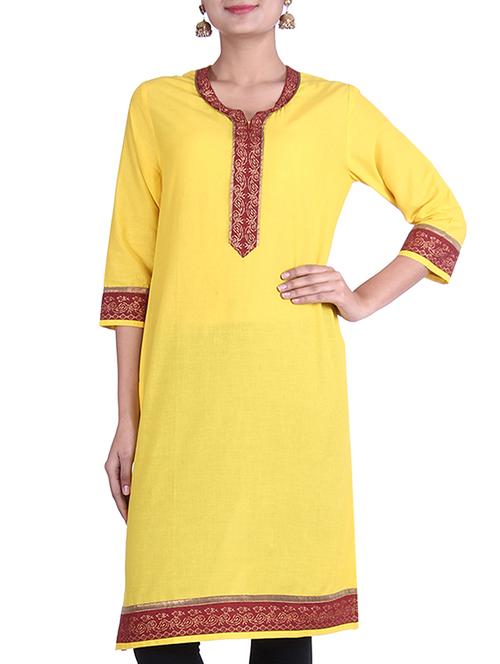 yellow cotton printed a-line kurta - 9779454 - Very Small Image - 1
