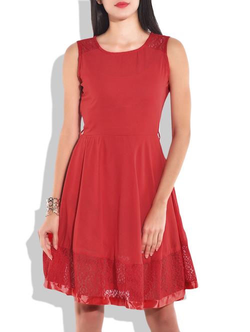 red poly georgette,poly lace dress - 9791898 - Very Small Image - 1