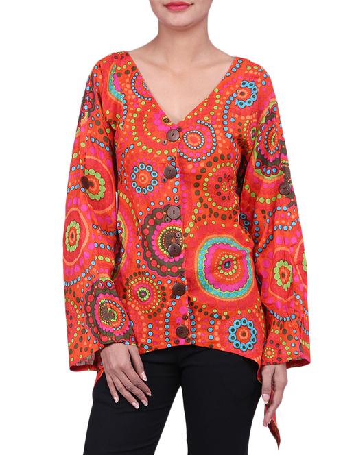 orange circular pattern cotton asymmetrical shirt - 9797078 - Very Small Image - 1