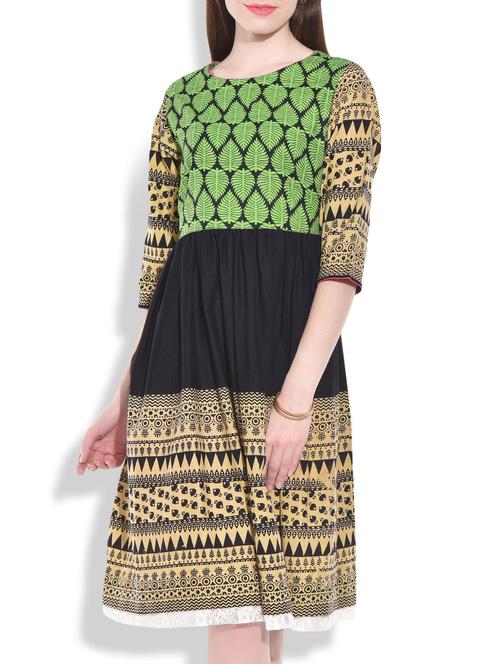 black and green aztec gathered cotton dress - 9808472 - Very Small Image - 1