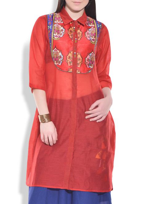 Red printed chanderi front open tunic - 9808476 - Very Small Image - 1